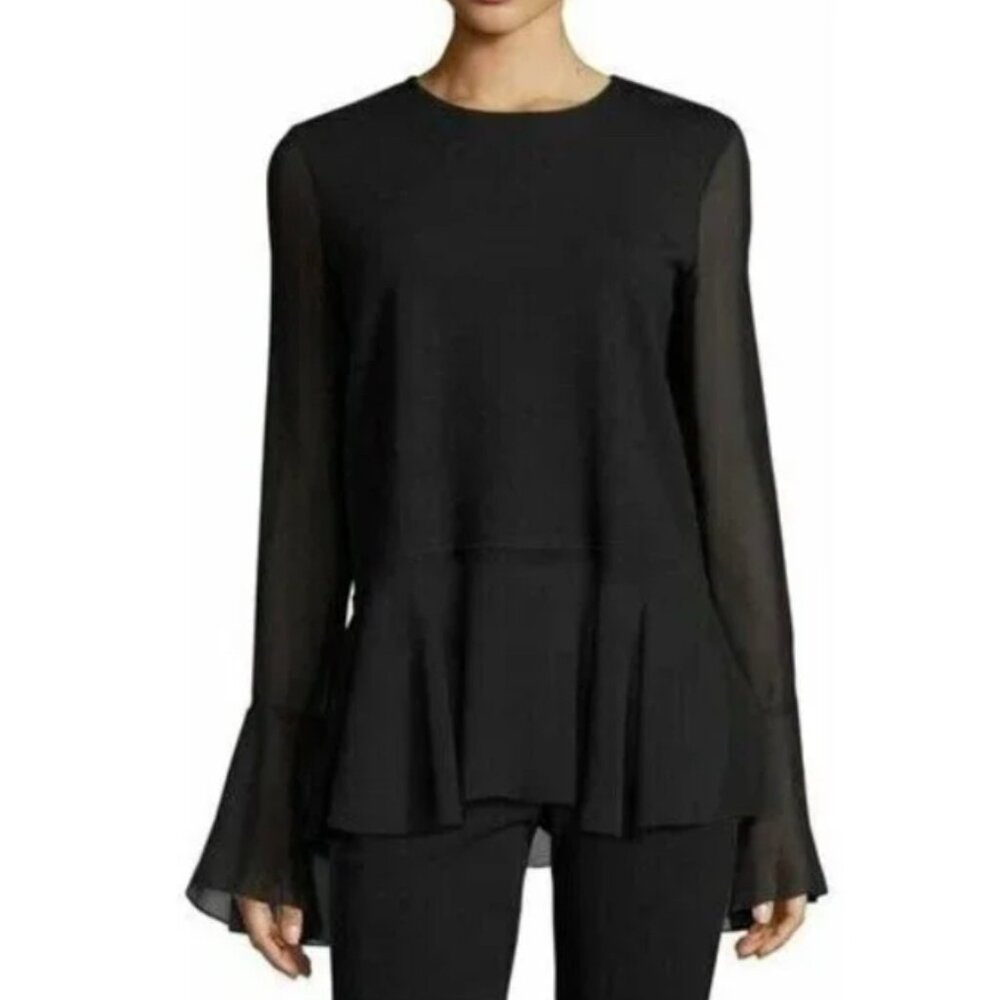 Theory Black Lexanda C Idol Bell-Sleeve Peplum Top Woo/Silk-Medium